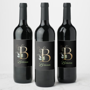 Rustic B monogram greenery foliage eucalyptus gold Wine Label