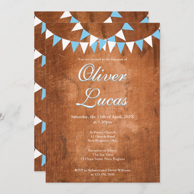 Rustic Baby Boy Blue Bunting Baptism Christening Invitation (Front/Back)