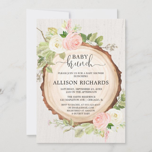 Rustic baby brunch blush pink floral girl shower invitation (Front)