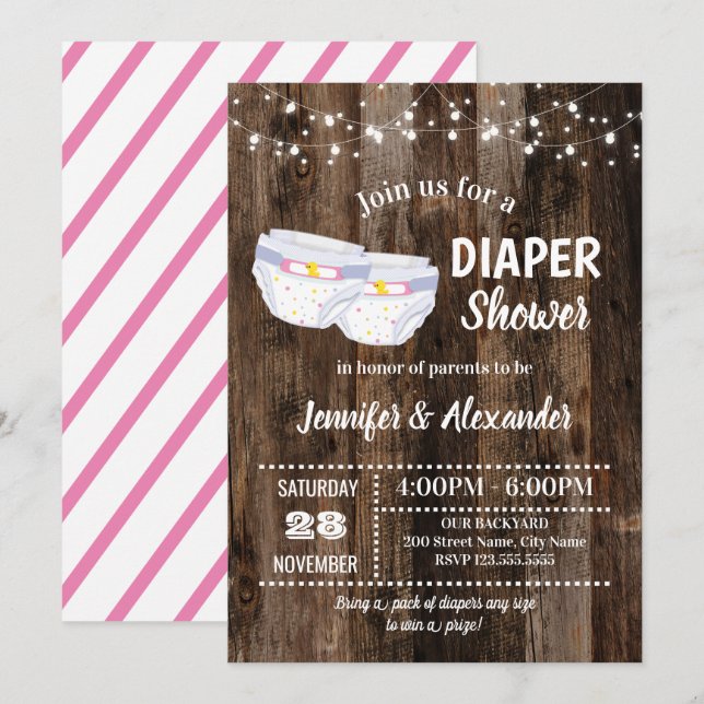 Rustic Baby Diaper Shower Invitation (Front/Back)