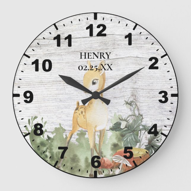 Rustic Baby Fawn Deer Nature Greenery Barn Wood  Large Clock (Front)