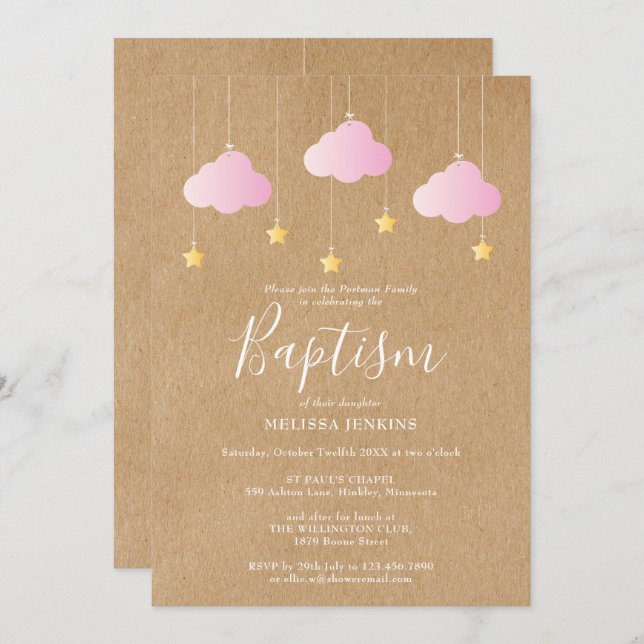 Rustic Baby Girl Baptism Christening Twinkle Stars Invitation (Front/Back)