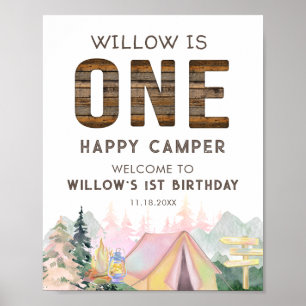 Rustic Baby Girl Pink One Happy Camper Birthday Poster