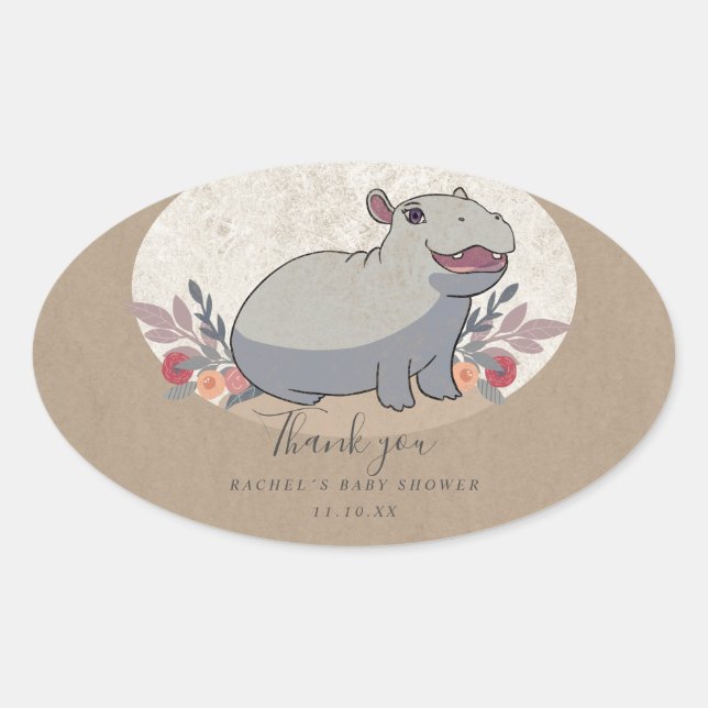 Rustic baby hippo baby shower thank you oval sticker (Front)