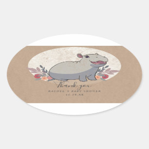 Rustic baby hippo baby shower thank you oval sticker