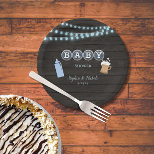 Rustic Baby Is Brewing Blue Baby Shower Paper Plate