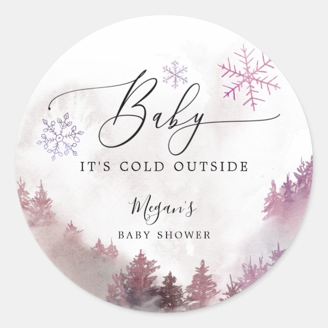 Rustic Baby It's Cold Outside Pink Baby Shower Classic Round Sticker (Front)