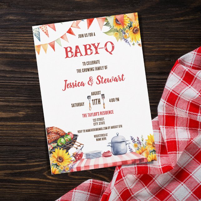 Rustic BABY-Q Barbecue Picnic Sunflower Plaid Invitation (Creator Uploaded)