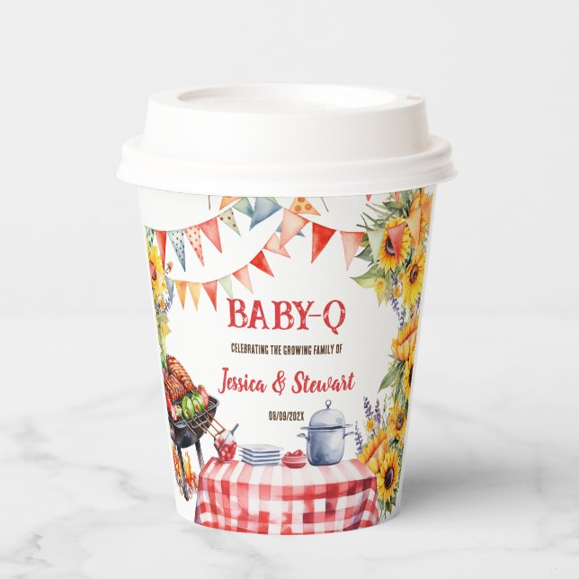 Rustic BABY-Q Barbecue Picnic Sunflower Plaid Paper Cups (Front)