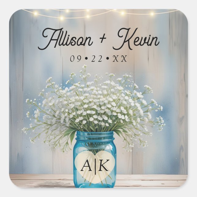 Rustic Baby’s Breath Country Wedding Monogram  Square Sticker (Front)