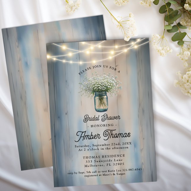 Rustic Baby’s Breath Mason Jar Bridal Shower  Invitation (Baby's Breath Bridal Shower Invite)