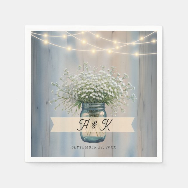 Rustic Baby’s Breath Mason Jar Wedding Napkins (Front)