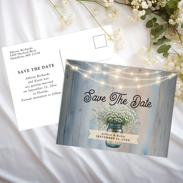 Rustic Baby’s Breath & String Lights Save the Date Postcard (Simple Save The Date)