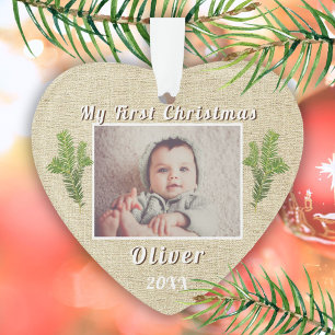 Rustic Baby`s First Christmas Photo Ornament