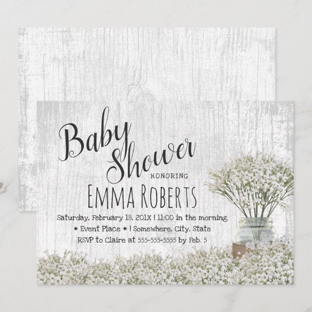 Rustic Baby Shower Baby's Breath Mason Jar Floral Invitation (Front/Back)