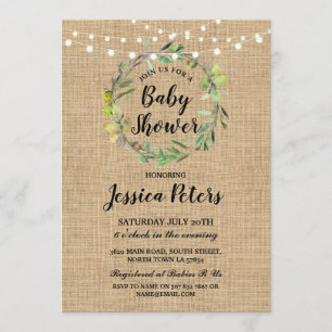 Rustic Baby Shower Burlap Green Wreath Invite