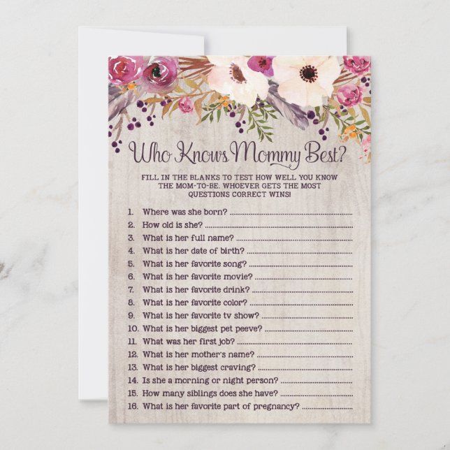 Rustic Baby Shower Game Who Knows Mummy Best Invitation (Front)