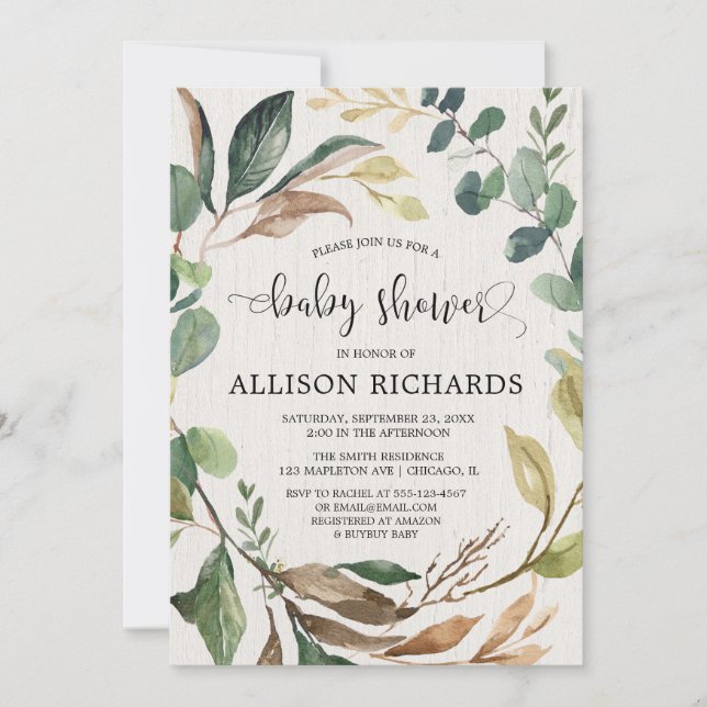 Rustic baby shower gender neutral woodland foliage invitation (Front)