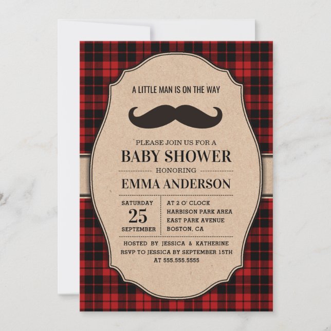 Rustic Baby Shower Invitation for Boy - Moustache (Front)