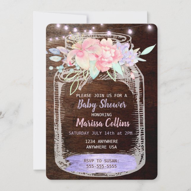 Rustic Baby Shower, Mason Jar Lights Boho Floral Invitation (Front)