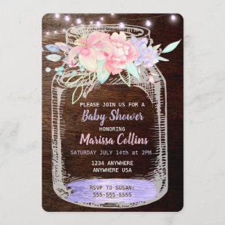 Rustic Baby Shower, Mason Jar Lights Boho Floral Invitation