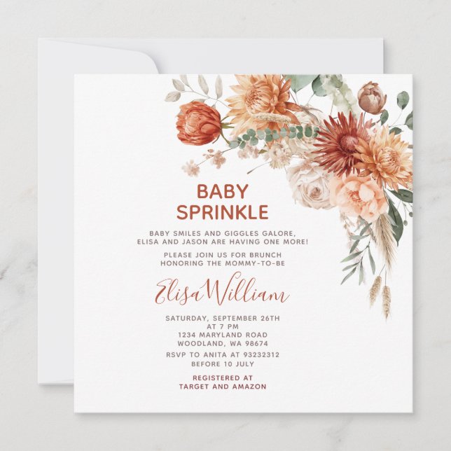 Rustic Baby Sprinkle Orange Wildflower Baby Shower Invitation (Front)