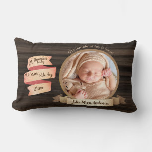 Rustic Baby Stats Photo Keepsake Birth Details Lumbar Cushion