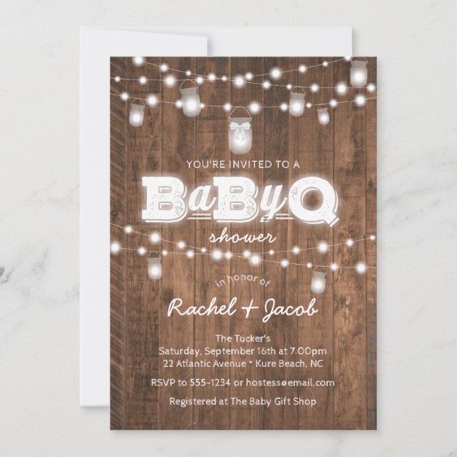Rustic BaByQ Mason Jar Lights Baby Shower Invitation (Front)