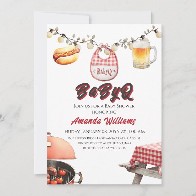 Rustic BabyQ Red Clothesline BBQ Baby Shower Invitation (Front)