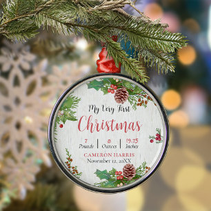 Rustic Baby's 1st Christmas Birth Details  Metal Tree Decoration