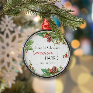 Rustic Baby's 1st Christmas Holly & Pine Metal Tree Decoration