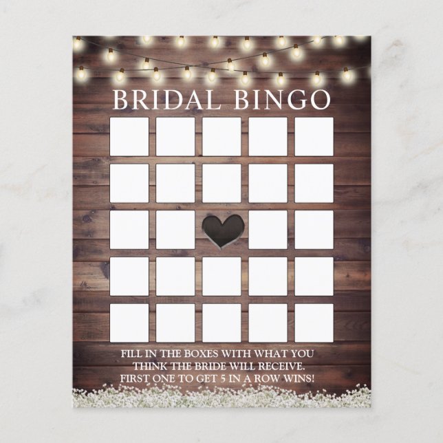 Rustic Baby's Breath Barn Wood Bridal Bingo Cards (Front)