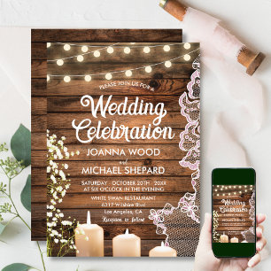 Rustic Baby's Breath Candlelights & Lace Wedding  Invitation