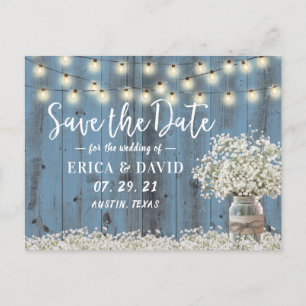 Rustic Baby's Breath Dusty Blue Save the Date Announcement Postcard