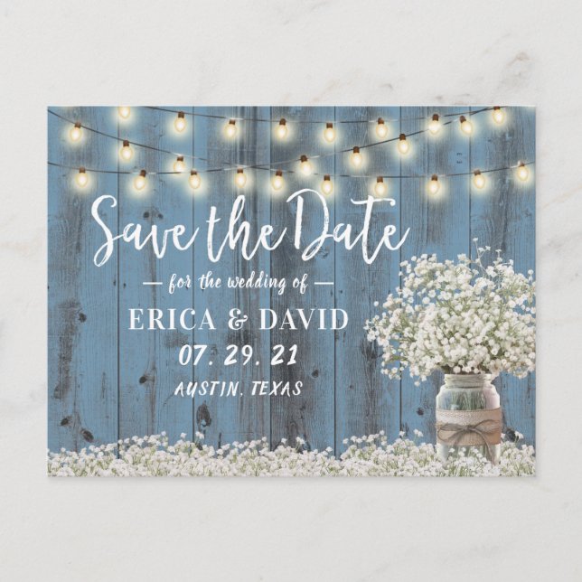 Rustic Baby's Breath Dusty Blue Save the Date Announcement Postcard (Front)