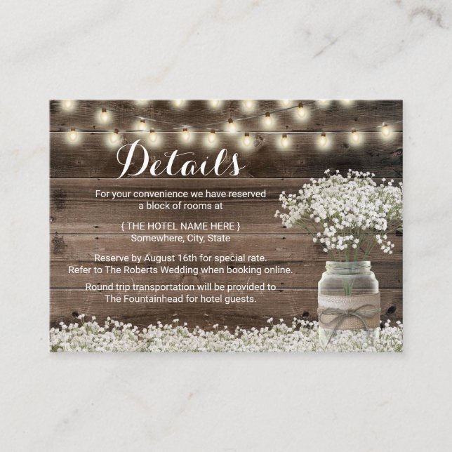 Rustic Baby's Breath Floral Hotel Accommodations Enclosure Card (Front)