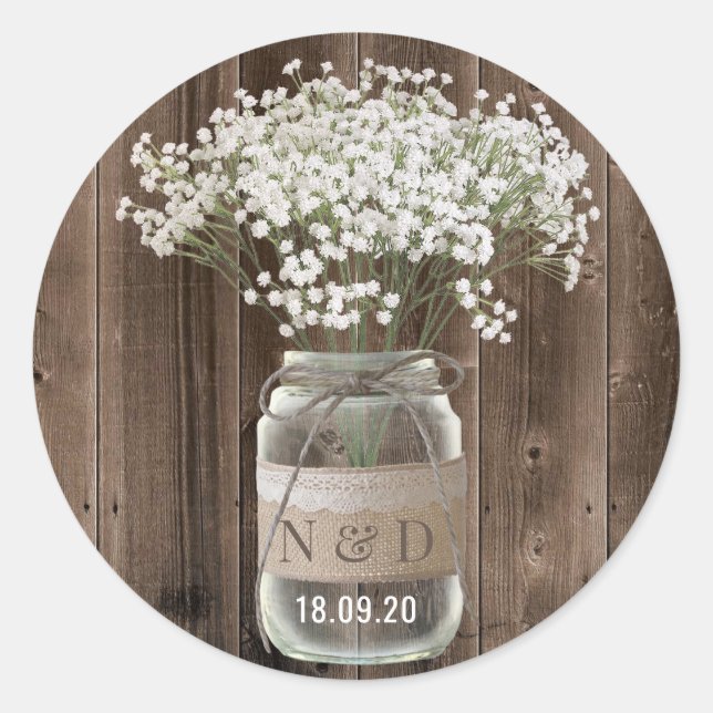 Rustic Baby's Breath Floral Jar Wood Wedding Classic Round Sticker (Front)