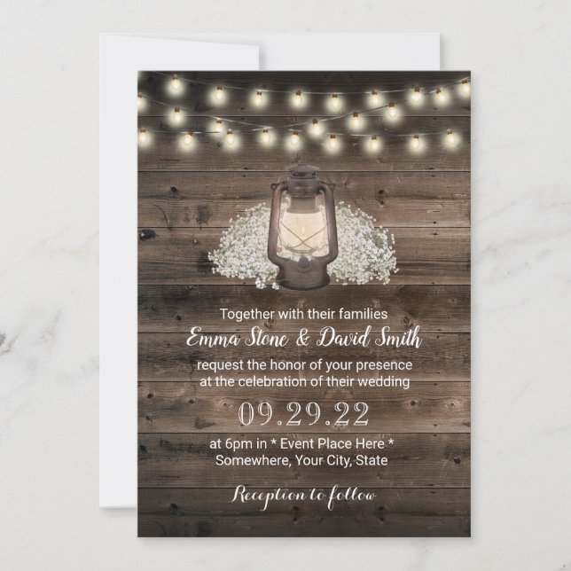 Rustic Baby's Breath Floral Lantern Barn Wedding Invitation (Front)