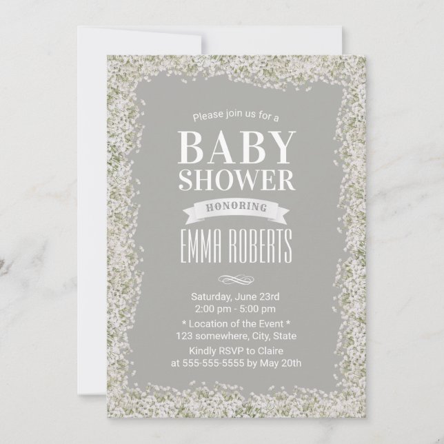 Rustic Baby's Breath Floral Silver Baby Shower Invitation (Front)
