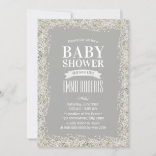 Rustic Baby's Breath Floral Silver Baby Shower Invitation