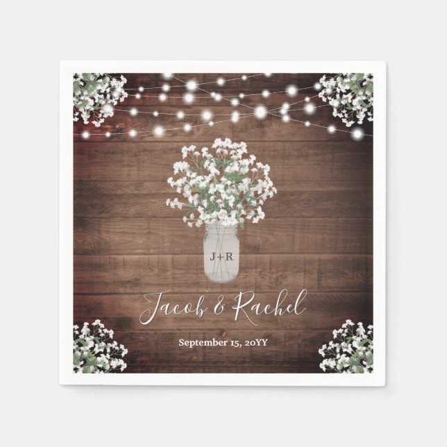 Rustic Baby's Breath in Mason Jar & Lights Wedding Napkin (Front)
