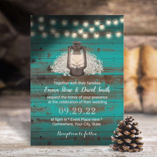 Rustic Baby's Breath & Lantern Teal Barn Wedding Invitation (Creator Uploaded)