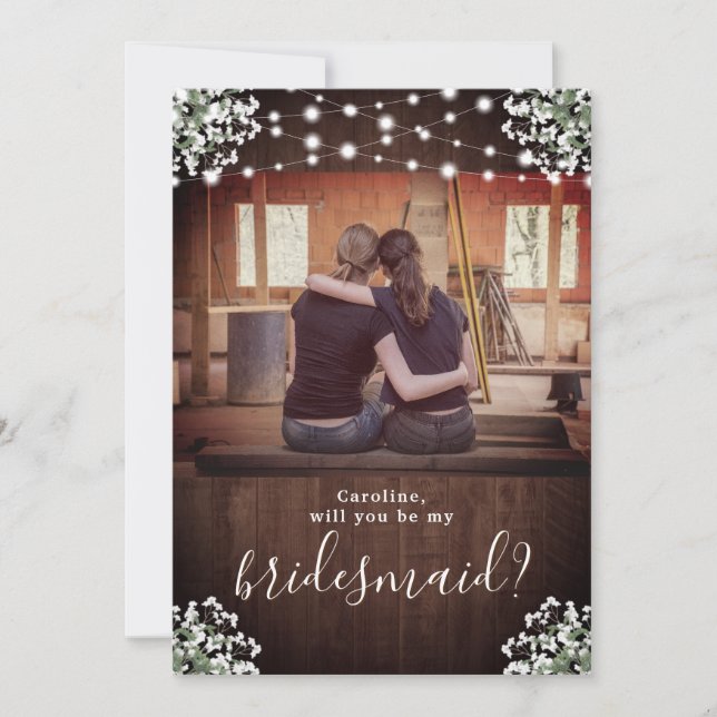 Rustic Babys Breath Lights Be My Bridesmaid Card (Front)