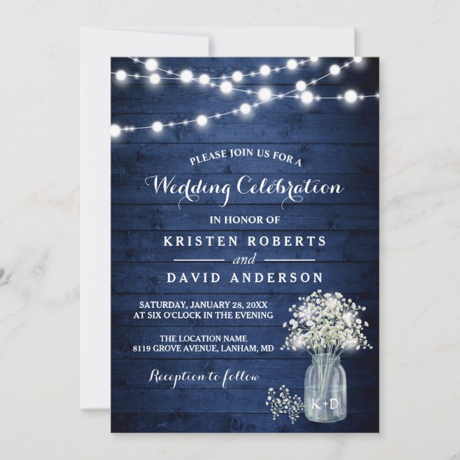 Rustic Baby's Breath Lights Navy Blue Wedding Invitation (Front)
