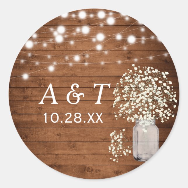 Rustic Baby's Breath Lights Wedding Monogram  Classic Round Sticker (Front)