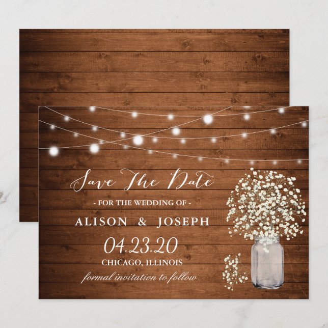 Rustic Baby's Breath Lights Wedding Save The Date (Front/Back)