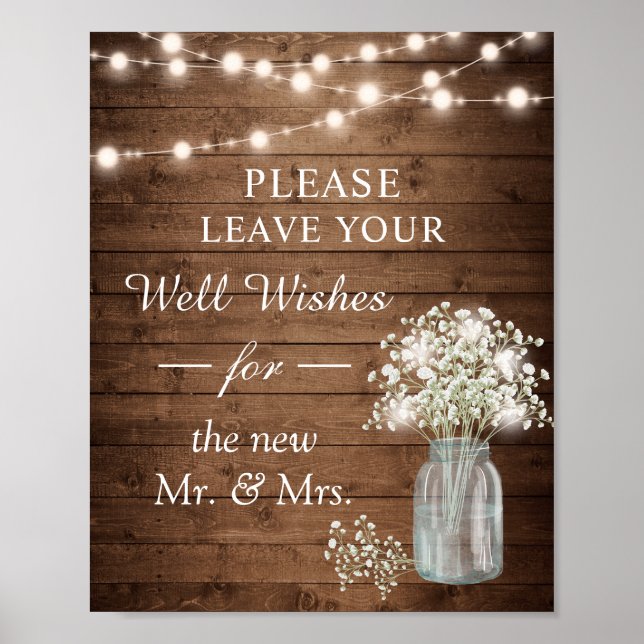 Rustic Baby's Breath Lights Well Wishes Sign (Front)