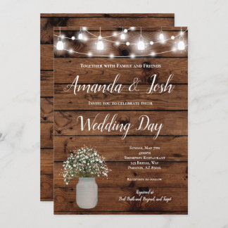 Rustic Babys Breath Mason Jar Country Wedding Invitation