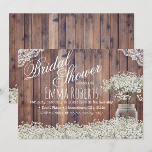 Rustic Baby's Breath Mason Jar Laced Bridal Shower Invitation