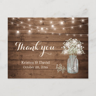 Rustic Baby's Breath Mason Jar Lights Thank You Postcard
